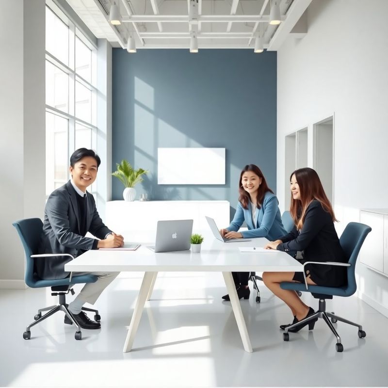 슬레이트 블루 톤의 오픈 오피스에서 일하는 새 그룹 팀