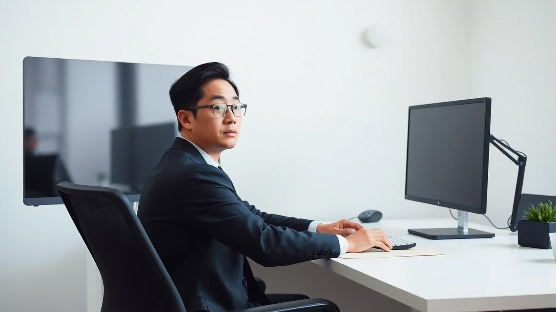 창원 사무실에서 듀얼 모니터로 작업하는 한국인 전문가